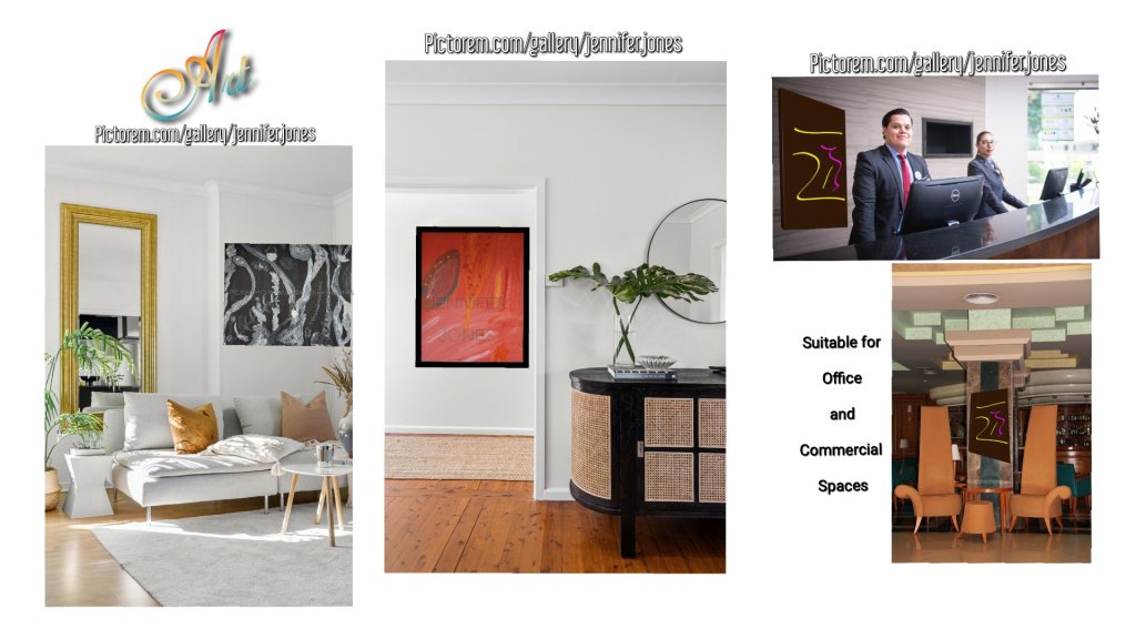 There are three Artworks And Paintings by Jennifer Jones in a home, a real estate staged apartment, a hotel showing how the digital artwork and paintings are suitable for Home Decor, Office, Commercial Spaces, Hotels, Real Estate Staging, Airbnb & Vacation Rentals. The artworks complement the furniture, mirrors and hotel sitting lounge space. 
