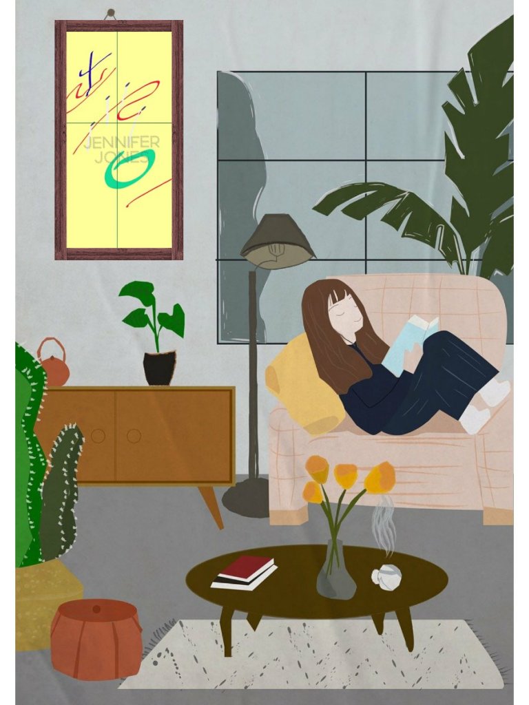 "Optimal View Light Sticks" in Minimalist Abstract Optimal View Collection by Jennifer Jones. The artwork has a bright yellow background with minimalistic red, blue, green and white strokes in digital art medium. It is a centerpiece highlight on the wall of an apartment. A young woman is lounging, relaxing on a sofa reading a book. 