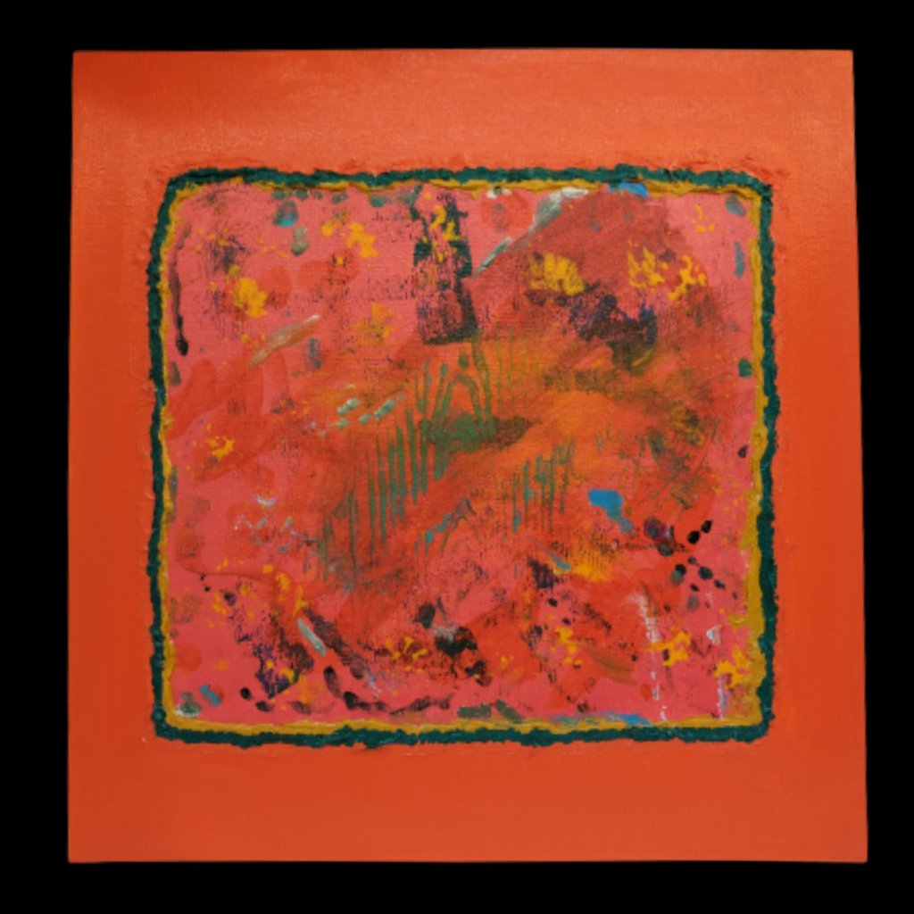 "Abstract No.121" by Jennifer Jones is an acrylic painting of brilliant red-orange background, deep green and golden yellow texture paint create an in border around vibrant colors of green, blue, yellow and splashes of other colors. 