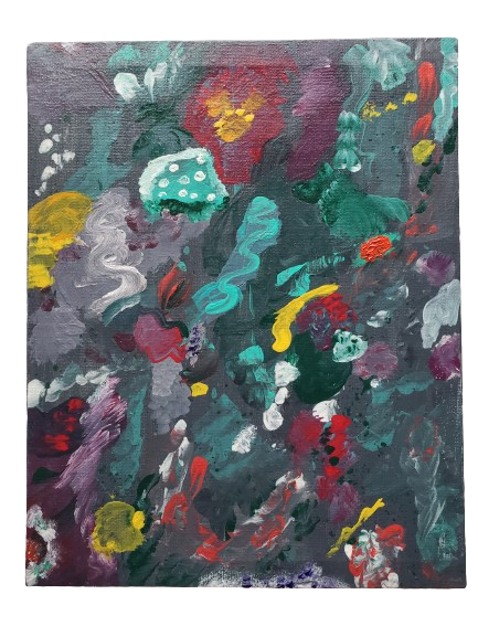 This is an impressionistic contemporary abstract acrylic painting by artis Jennifer Jones, titled "Forest Blooms Abstract" with a gray background and abstract formations of colors and brushstrokes representing floral blooming in a lush forest.
