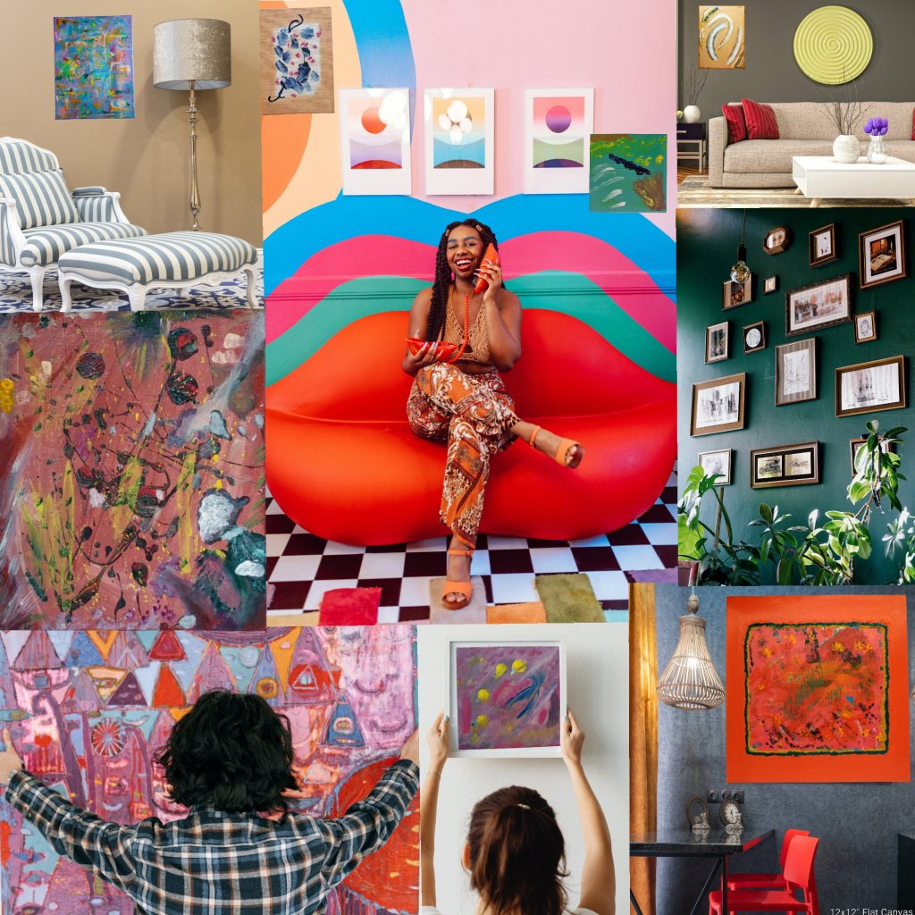 This is a colorful collage of artwork in living room settings and a young woman happily smiling surrounded by artworks including contemporary, modern acrylic abstract paintings by Jennifer Jones 