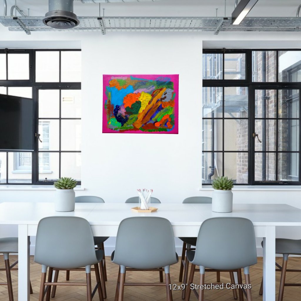 A bright magenta color and textured acrylic paint of yellow, greens, blues, brown, pink of nature abstraction, titled, "Nature Abstract No.2" by artist Jennifer Jones, is featured on a white wall between two windows in a modern dining room. 