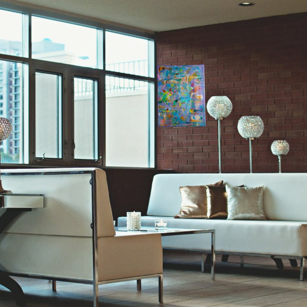 "Vintage Abstract No.1" Modern Contemporary Abstract Painting by artist Jennifer Jones has a lavender background and strokes of vibrant colors and hues of gold to represent a vintage look that's adorable to vintage as well as modern design styles as it is hung against a red exposed brick wall near a window in this contemporary living room. 