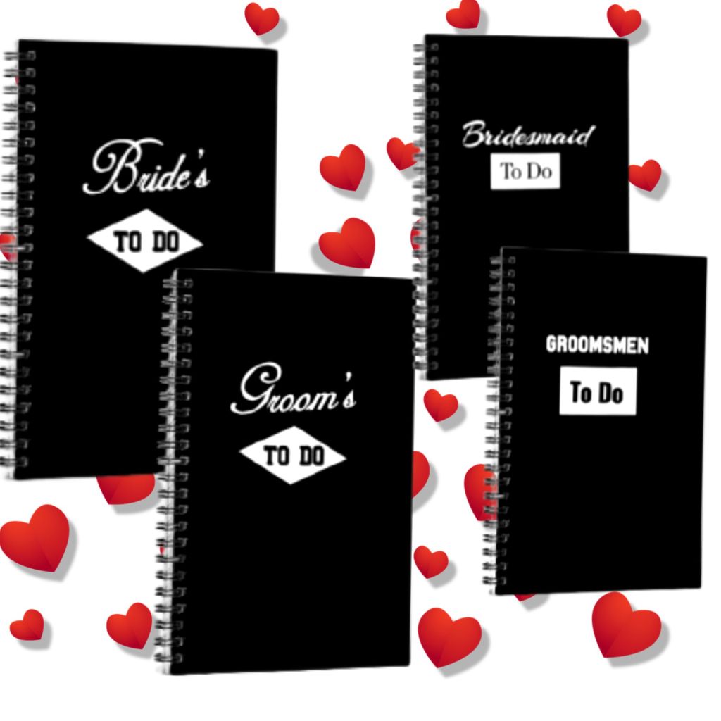 There is a background of small red hearts and four journals by Jeenifer Jones are depicted with black backgrounds, each printed stylishly with texts,"Bride, Groom, Bridesmaid or Groomsmen" and "To Do" in a white diamond or rectangular shape, as journals for the bride-to-be, groom, bridesmaids and groomsmen to record the things they need to do for the wedding preparation.