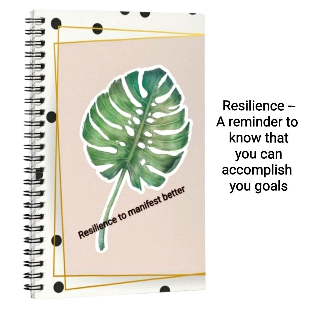 This journal by Jennifer Jones has a cream background with black polka-dots, gold frame and the text, " Resilience to manifest better" against a rose colored second background.