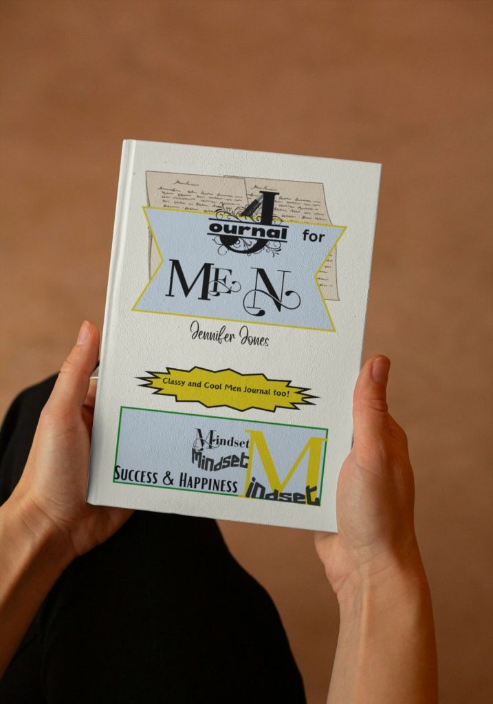 A man is sitting down holding "Journal for Men" by Jennifer Jones, which is a daily planner with guided journal prompts and self-care activities for men.