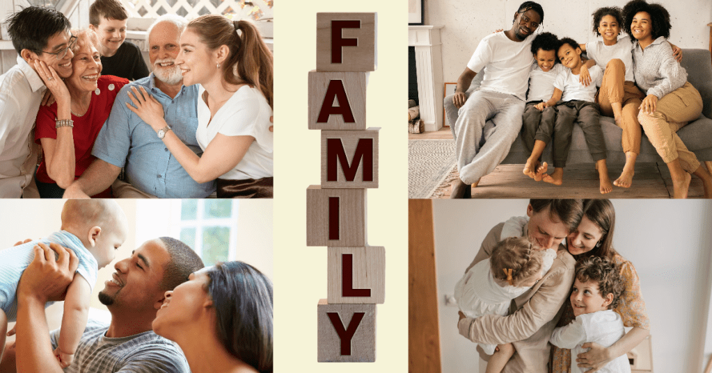 This is a collage of four groups of families, two on the left and two on the right. The word "Family" is written vertically on alphabet blocks stacked up on one another against a cream colored background in the center of the image. The image by artist Jennifer Jones depicts family members from the elderly to babies all together in a loving manner.