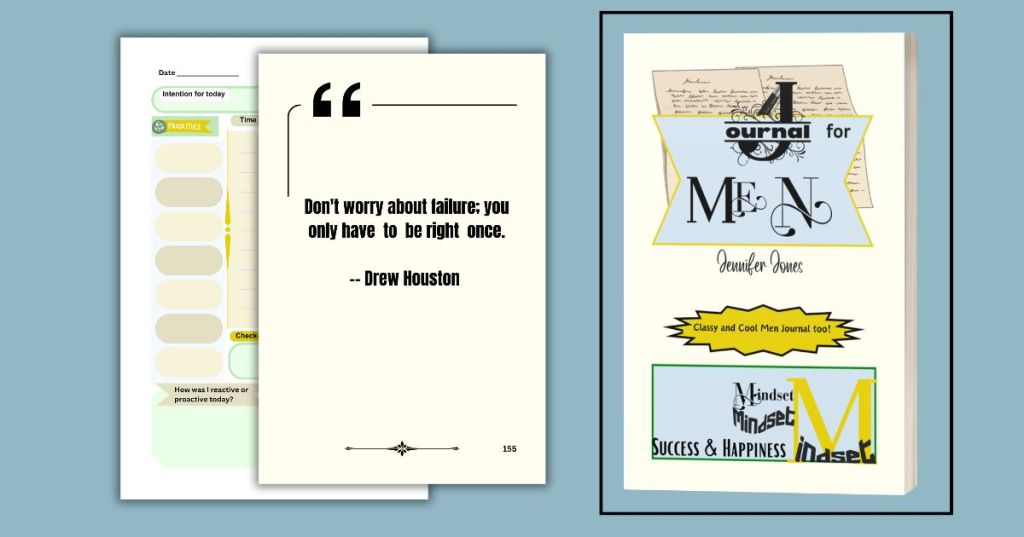 There are 3 images against a gray blue background depicting the front cover of the "Journal for Men" by Jennifer Jones.The other two images show excerpts of what's inside the journal.