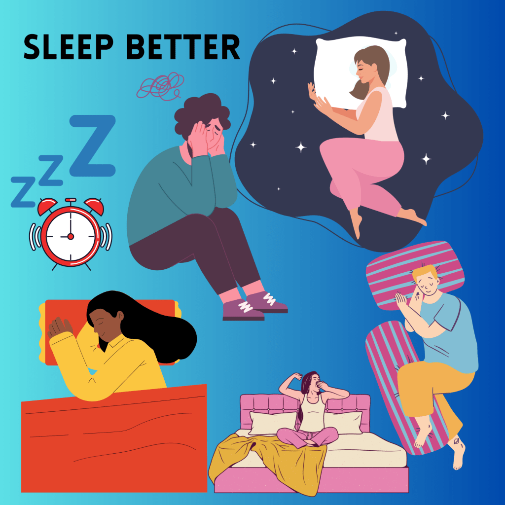 Gradient blue background of men and women, clock and "zzz" to depict the importance of sleep, as the text at the top right states, "Sleep Better."