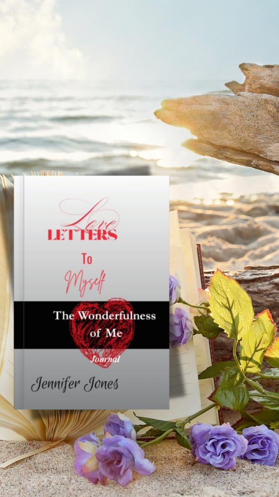 "Love Letters to Myself: The Wonderfulness of Me Journal" by Jennifer Jones is displayed against an open writing journal, lavender and yellow flowers against a log on a beach, with the sun rays glistening on the waves of the water and seashore. "Love Letters to Myself: The Wonderfulness of Me Journal" is a self-discovery and writing love letters to yourself journal for men and women.