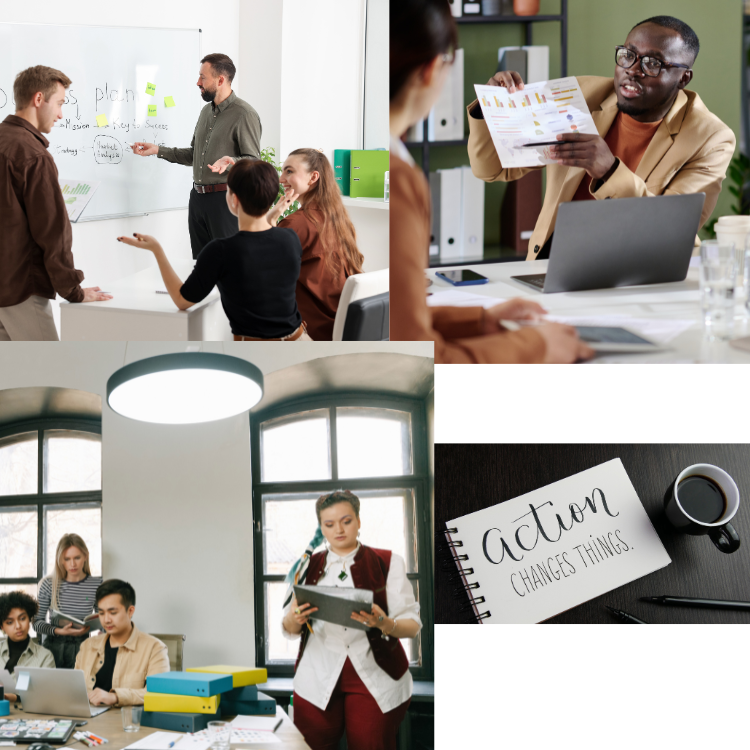 This image displays men and women entrepreneurs, freelancers, and business owners interacting in their offices being strategic and productive.