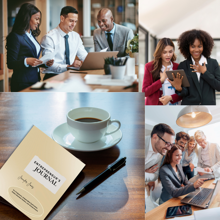 The bottom left of the image shows the "Entrepreneur's Journal" on a desk with a cup of coffee and pen. The top right, left, and bottom left portray entrepreneurs, freelancers, business men and women who are happy with the results from using the "Entrepreneur's Journal" in their businesses.